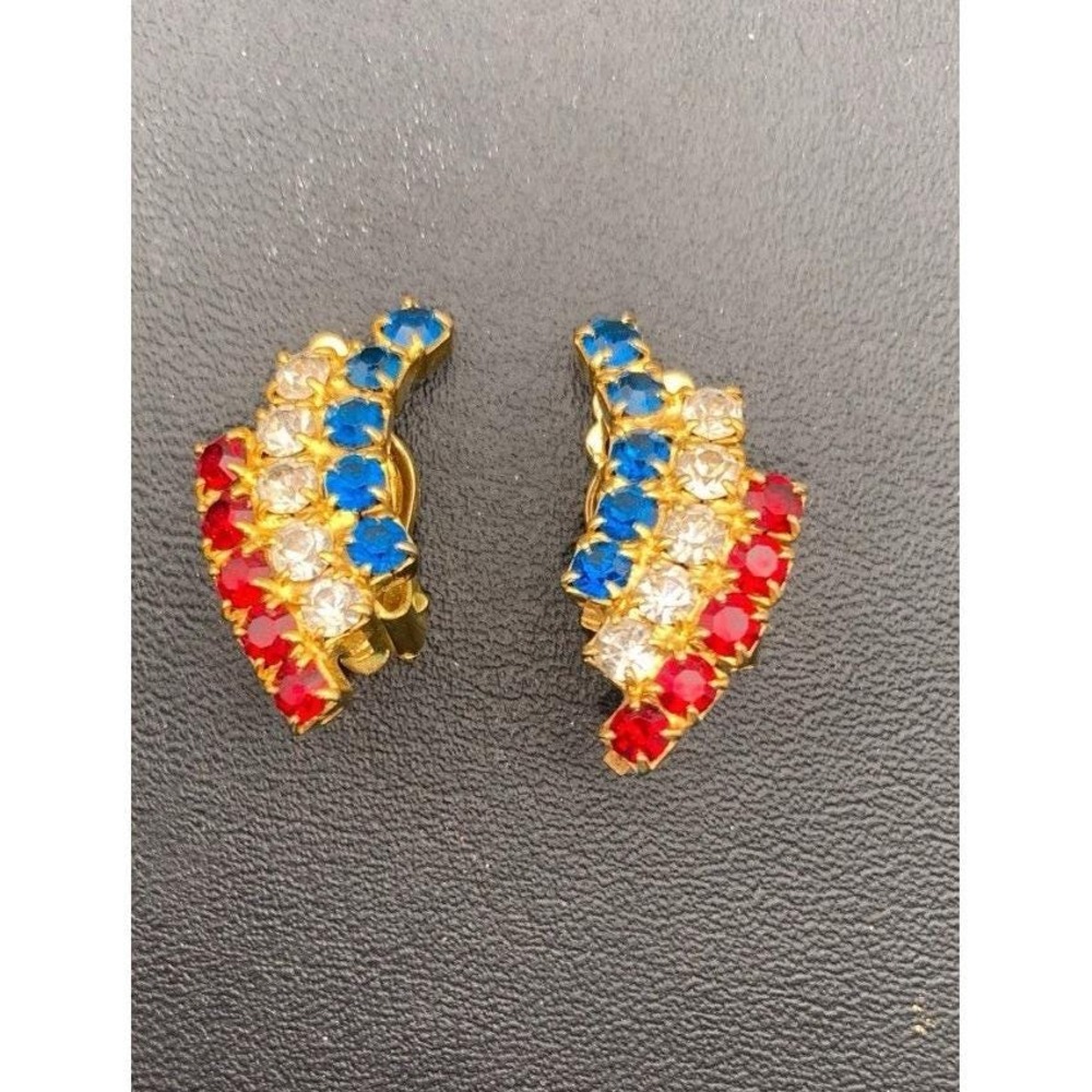 Vintage Gold Tone Prong Set Red White & Blue Rhinestone Sparkle Clip On Earrings